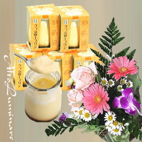 送料無料！誕生花アレンジメント＆プレミアムとろけるプリン6個セット